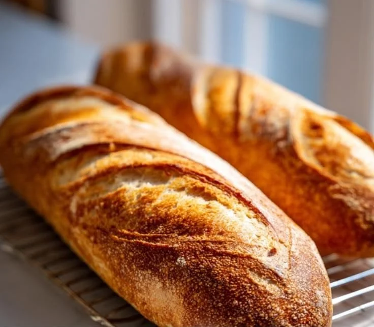 Freshly baked quick French bread loaf on a wooden surface.