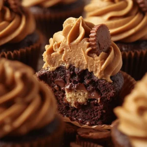 Delicious Reese's Peanut Butter Cupcakes topped with chocolate frosting and peanut butter