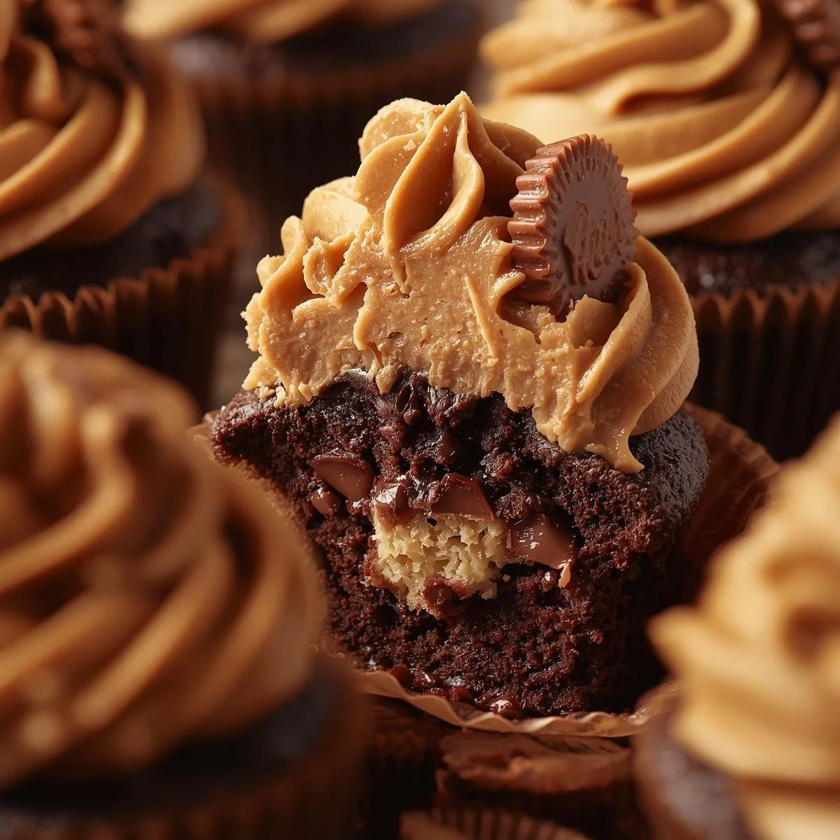 Delicious Reese's Peanut Butter Cupcakes topped with chocolate frosting and peanut butter