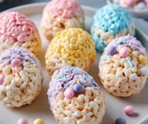 Colorful Rice Krispies Easter Egg Treats decorated for spring celebrations