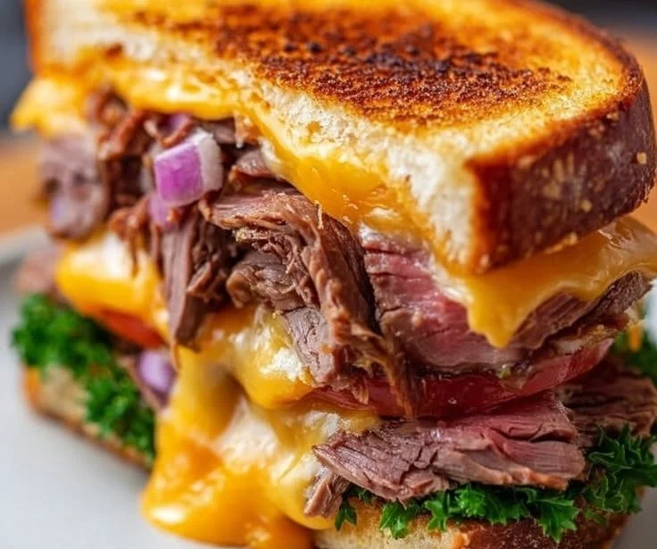 Roast Beef & Cheddar Melt Sandwich with fresh ingredients and melted cheese