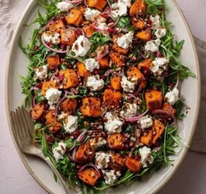 Roasted sweet potato salad topped with goat cheese and fresh greens