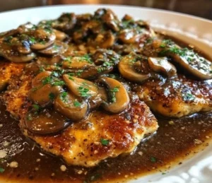 Delicious plate of Chicken Marsala with mushroom sauce and fresh herbs