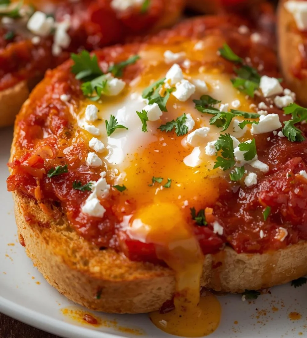 Delicious Shakshouka Toast topped with eggs and spices on a rustic plate