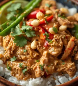 Delicious slow cooker Thai Peanut Chicken with vibrant vegetables.
