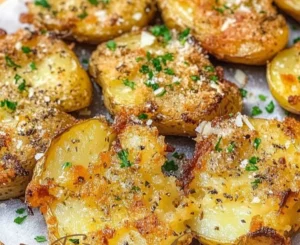 Deliciously crispy smashed potatoes topped with herbs and butter