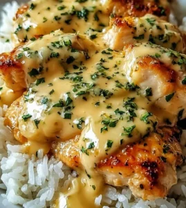 Plate of smothered chicken served over fluffy rice, garnished with herbs.