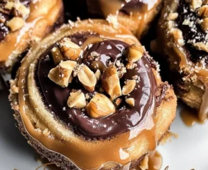 Delicious 'Snickers' Cinnamon Rolls topped with chocolate and caramel