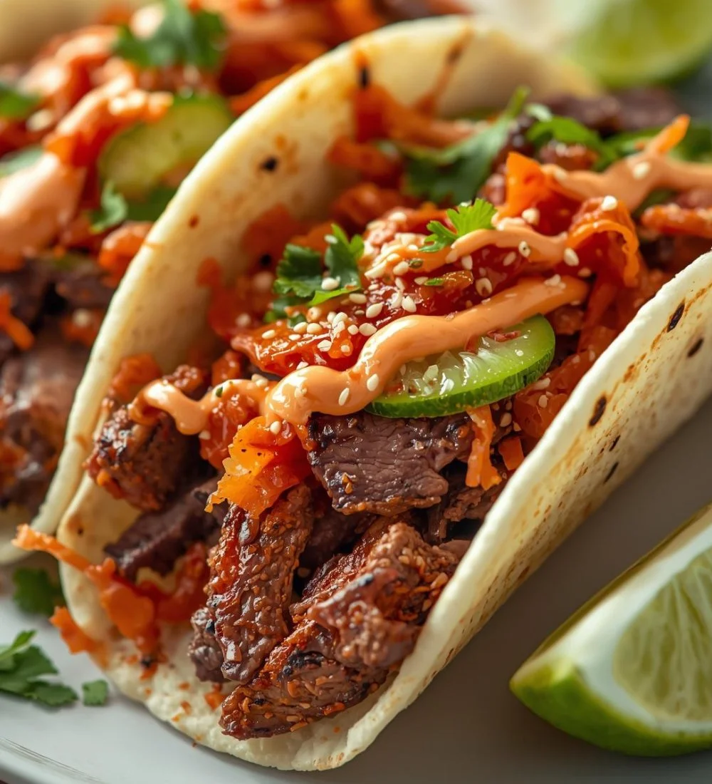 Spicy Korean BBQ Tacos with quick kimchi topping on a plate