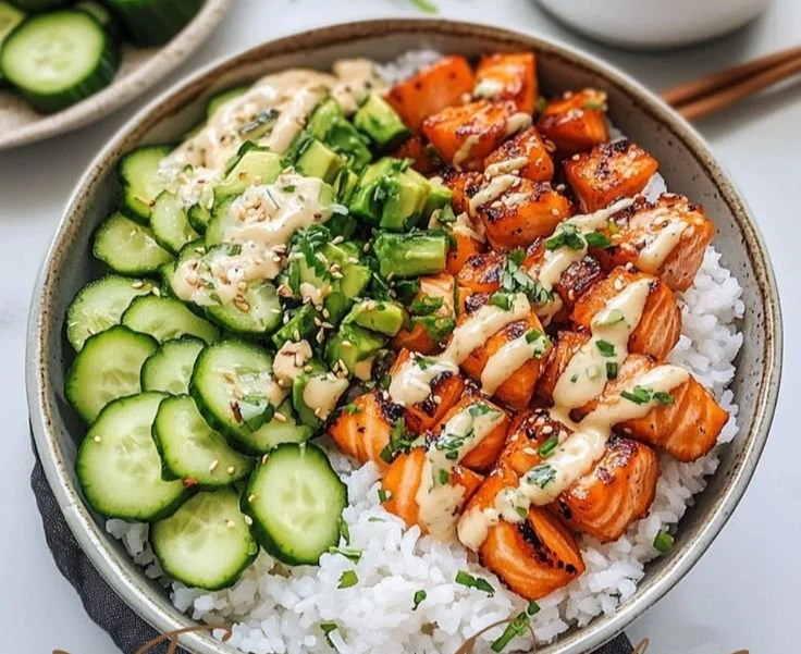 Spicy salmon bowls with coconut rice and vibrant veggies
