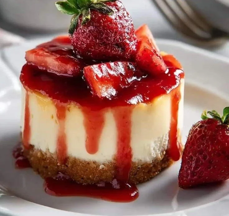 Delicious slice of strawberry cheesecake topped with fresh strawberries