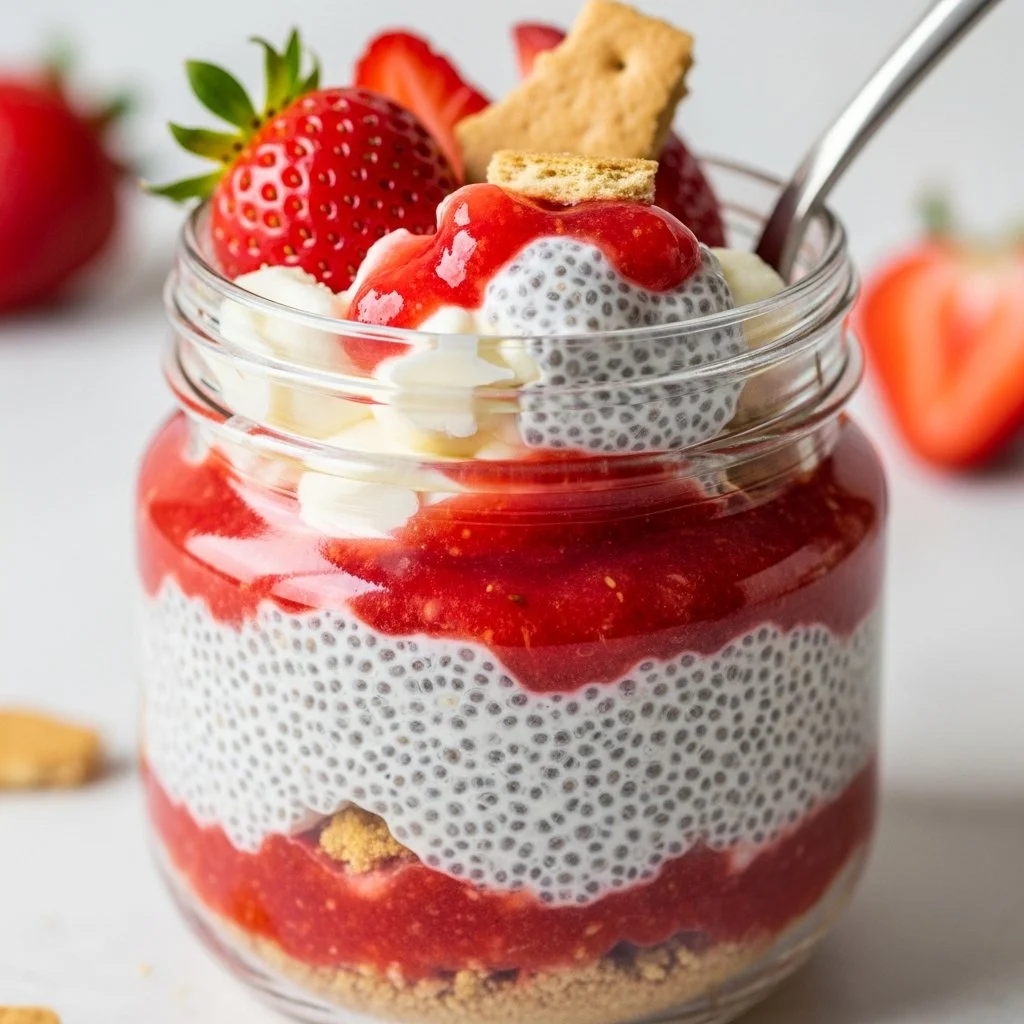 Strawberry Cheesecake Chia Pudding topped with fresh strawberries and whipped cream