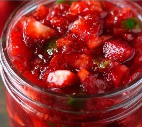 Homemade Strawberry Jalapeño Jam in a jar with strawberries and jalapeños