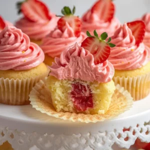 Strawberry lemonade cupcakes topped with fresh strawberries and lemon zest