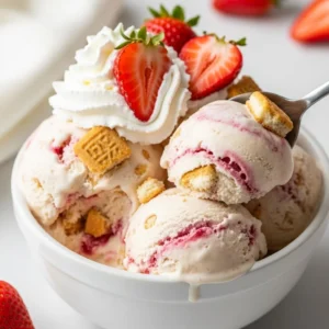 Delicious strawberry shortcake ice cream topped with fresh strawberries and whipped cream.