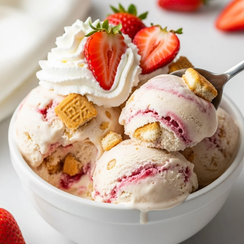 Delicious strawberry shortcake ice cream topped with fresh strawberries and whipped cream.