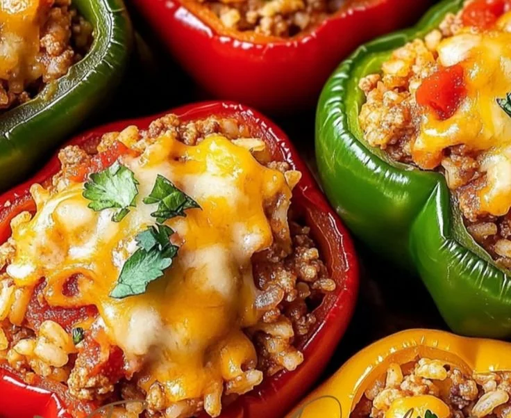 Colorful stuffed bell peppers filled with rice, vegetables, and cheese