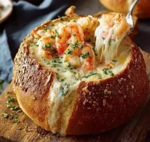 Delicious stuffed seafood soup served in a bread bowl