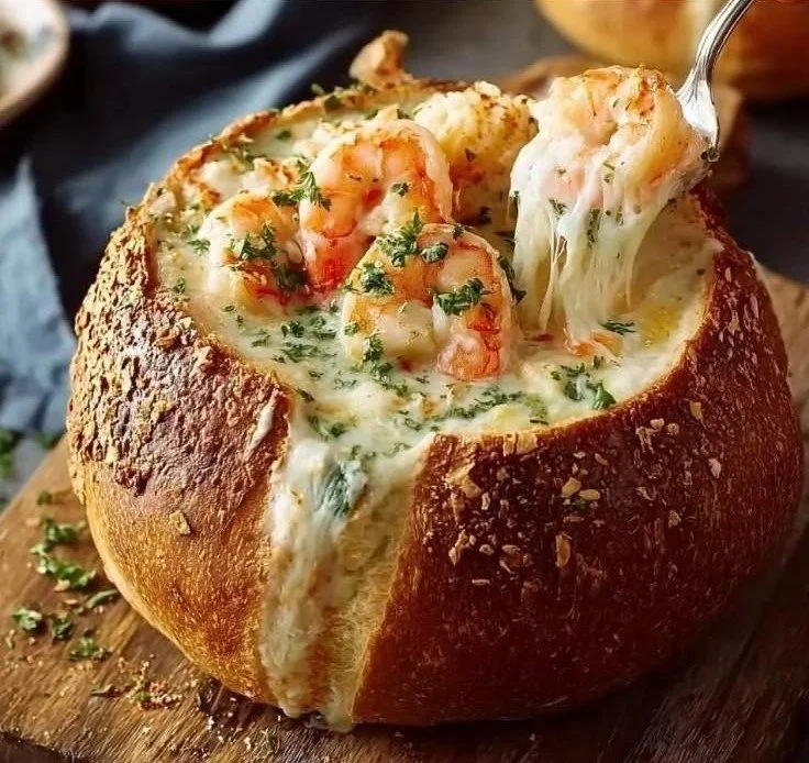 Delicious stuffed seafood soup served in a bread bowl