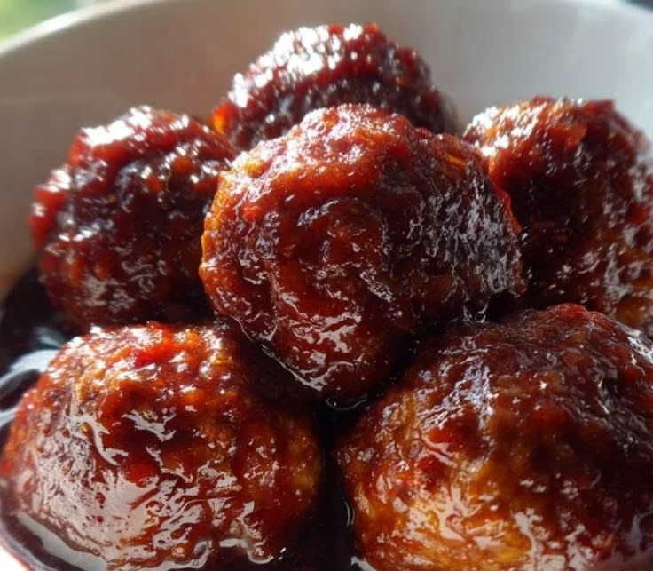 Plate of sweet and savory grape jelly meatballs garnished with parsley