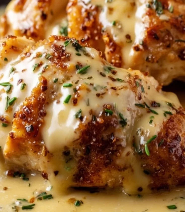 Delicious Texas Roadhouse-style smothered chicken topped with creamy sauce and toppings