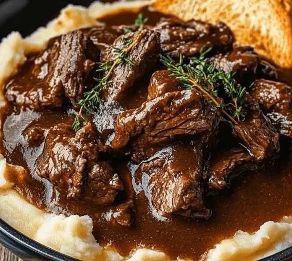 Delicious slow cooker beef Manhattan served on a plate with vegetables.