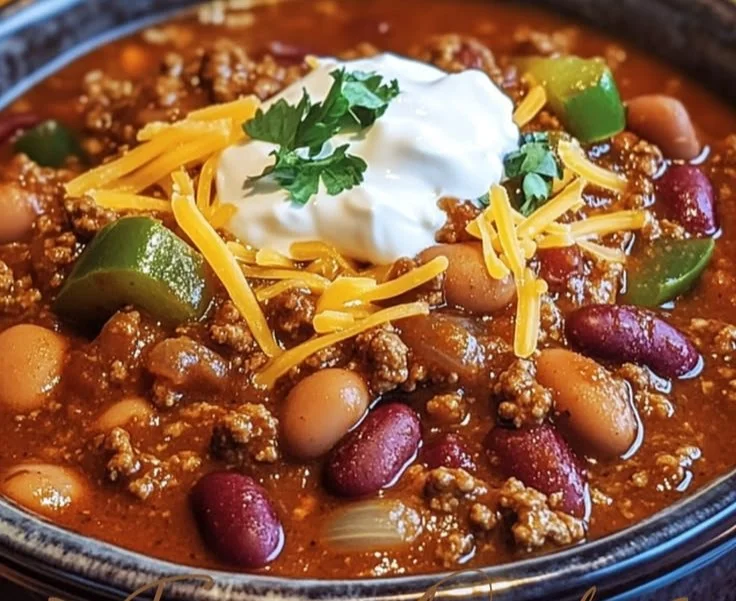 A hearty bowl of The Pioneer Woman's delicious chili topped with fresh herbs.
