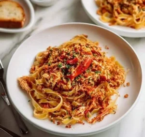 Vibrant pasta dish with spicy crab and herbs served on a plate.