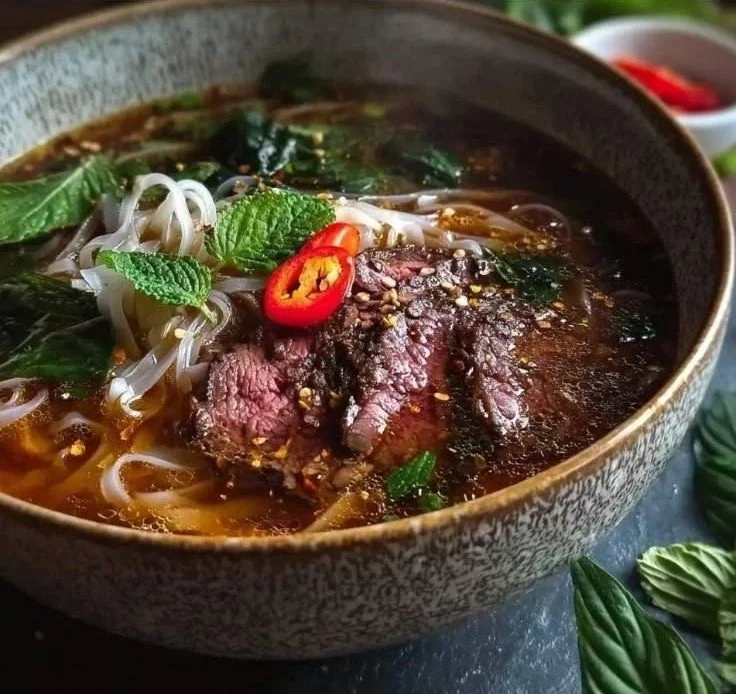 Bowl of Vietnamese beef noodle soup garnished with fresh herbs and lime