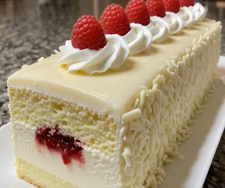 White Chocolate Raspberry Mousse Cake with fresh raspberries and chocolate on top