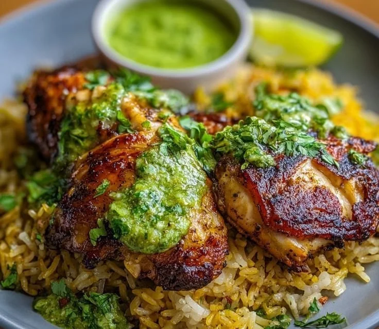 Zesty Peruvian chicken served with rice and green sauce