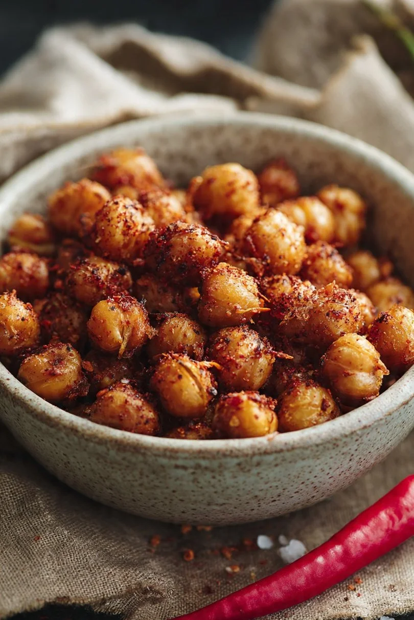 Bowl of air-fried spicy chickpeas, a healthy and crunchy snack
