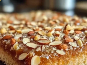 Delicious Almond Honey Sheet Cake served on a plate with honey drizzle