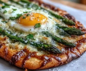 Asparagus flatbread topped with eggs on a wooden serving board.