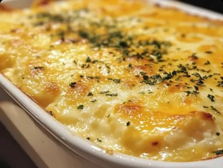 Delicious baked cheese and egg casserole served in a dish