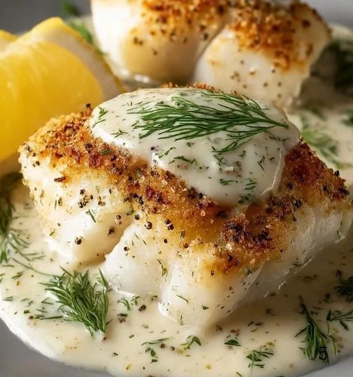 Baked cod served with lemon dill sauce on a plate