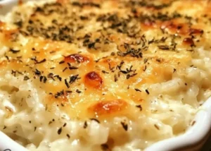 Baked Creamy Rice and Cheese Tray ready to enjoy, featuring melted cheese and fluffy rice.