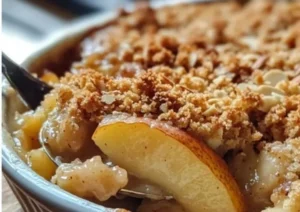 Delicious baked pear and almond crumble served in a rustic dish.