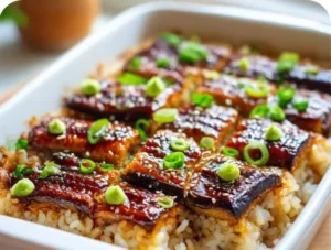 Delicious baked unagi sushi casserole topped with eel sauce and garnished.