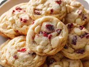 Bakery style white chocolate cranberry cookies on a cooling rack