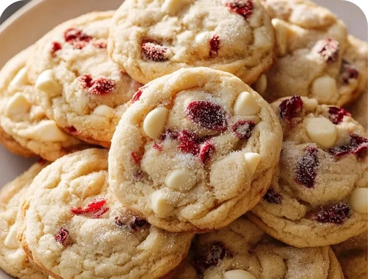 Bakery style white chocolate cranberry cookies on a cooling rack