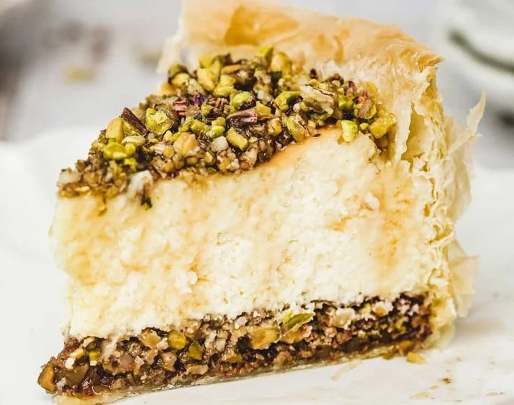 A slice of Baklava Cheesecake topped with nuts and honey.