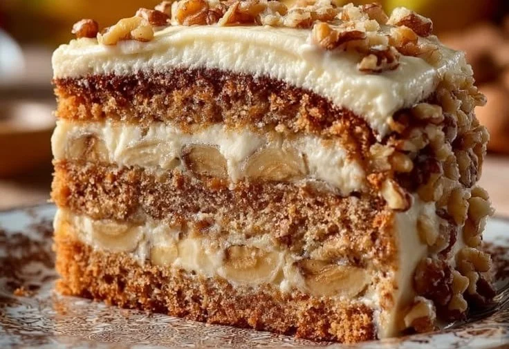 Slice of Banana Walnut Cream Cake topped with walnuts and banana slices