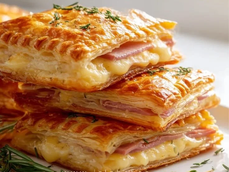 Beef ham and cheese puff pastry stacks served on a plate