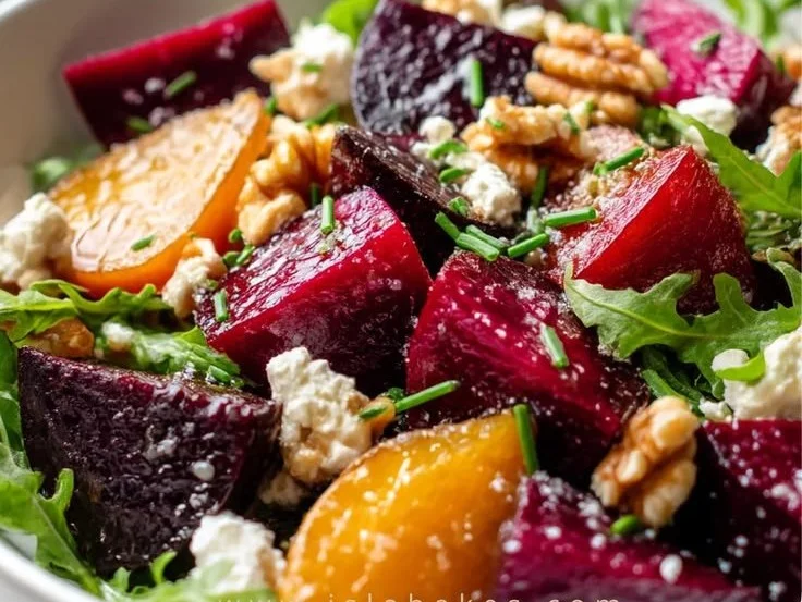 A vibrant beet dinner plate featuring roasted beets, greens, and crumbled cheese.