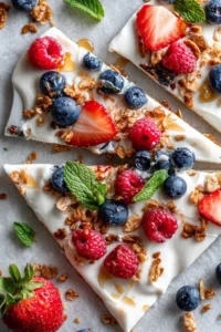 Delicious Berry Yogurt Bark frozen treat with fresh berries