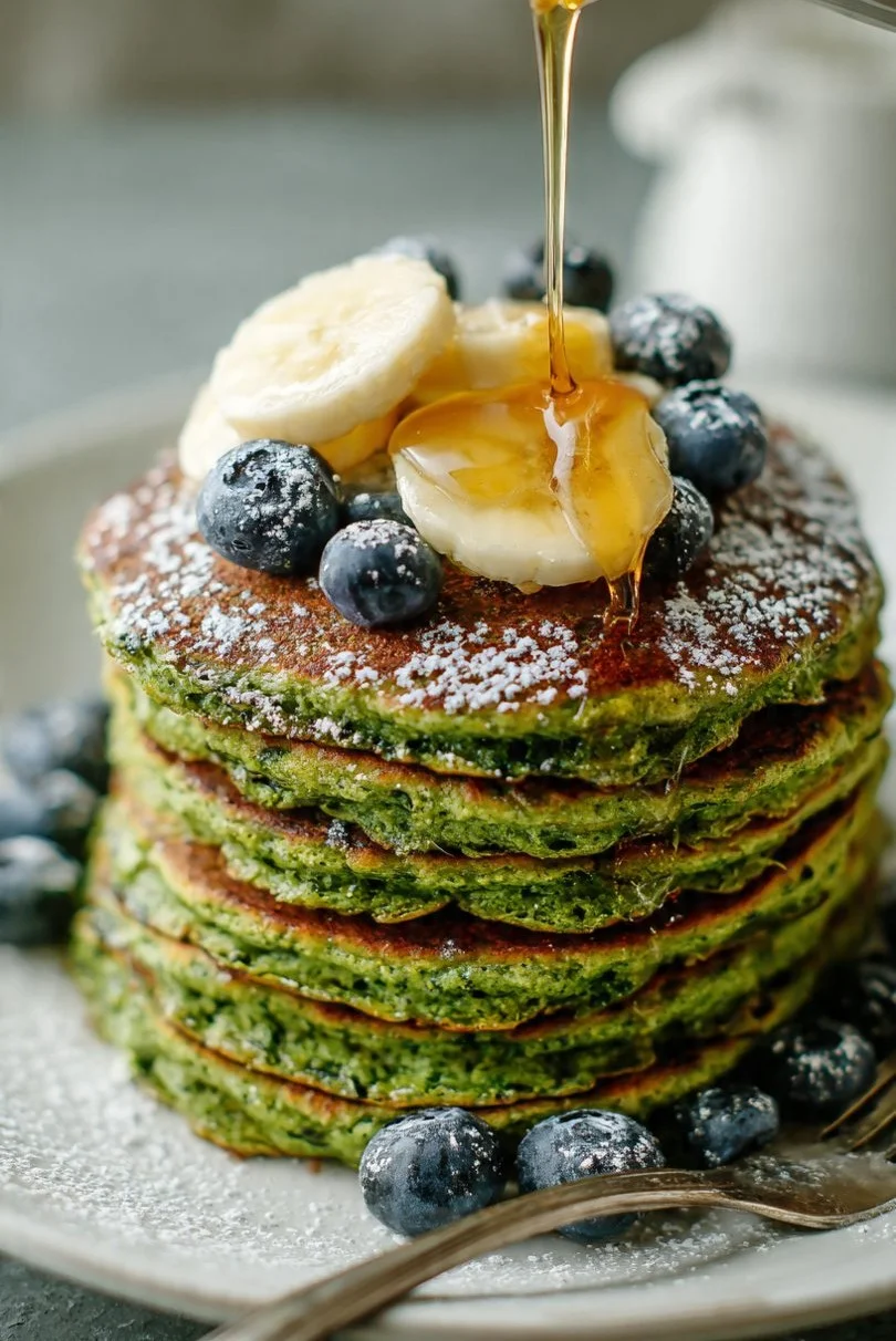 Delicious blender spinach banana pancakes on a plate topped with fresh fruit