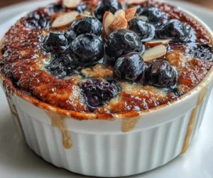Bowl of blueberry baked oats topped with fresh blueberries and nuts.