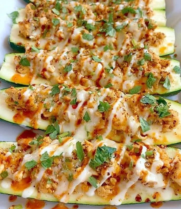 Buffalo chicken stuffed zucchini boats garnished with green onions