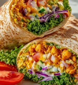 Spicy Buffalo Chickpea Salad Wrap with fresh vegetables